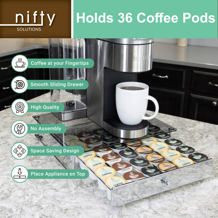 Nifty Home Products 36 Pod Keurig Brewed Glass Top KCup Rolling Drawer